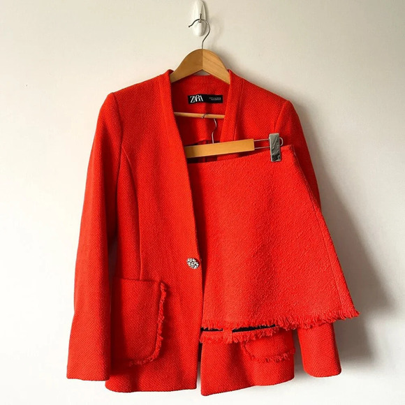 Zara Rhinestone  Jewel Button Blazer & Skirt Set Orange Size Medium Blogger Fav - Picture 7 of 16